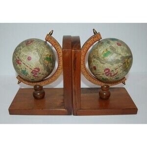 VINTAGE SET OF OLD WORLD GLOBE BOOKENDS ROTATING SPINNING PAIR WOOD BASE